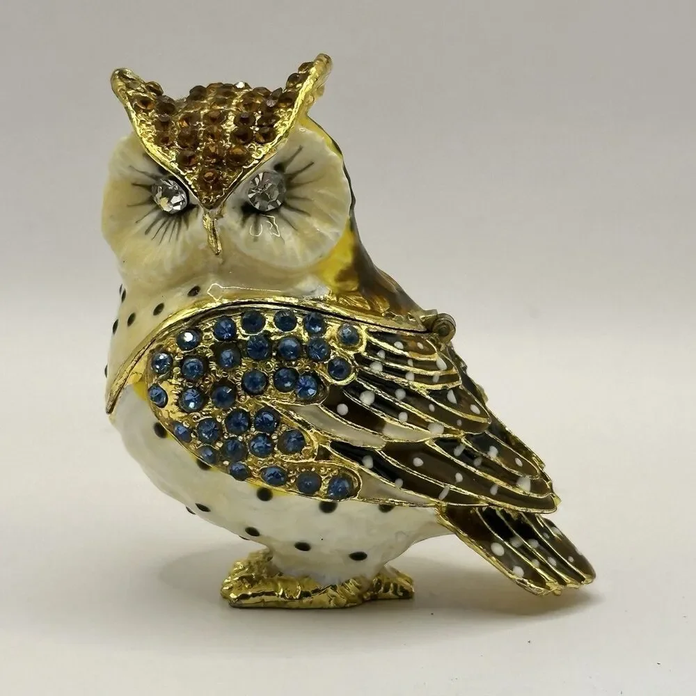 Charming Owl Jeweled Enameled Trinket Box Rhinestone Magnetic Closure Gold-Tone